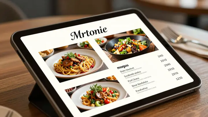 Modern restaurant menu on a tablet screen with AI-generated food photos and elegant typography, warm ambient lighting, s
