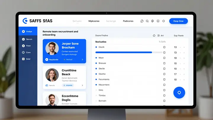 Modern SaaS dashboard for AI-powered remote team recruitment and onboarding, clean interface with candidate cards and pr