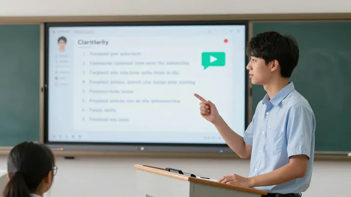A modern classroom where a teenage student stands at a podium practicing public speaking, with a friendly AI interface o