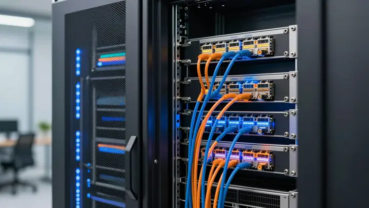 Modern edge computing infrastructure for IoT, industrial server cabinet with glowing network connections, blue and orang