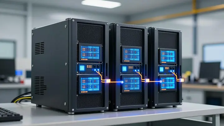 Industrial edge computing server with glowing IoT sensors connected, modern factory background, blue and orange lighting