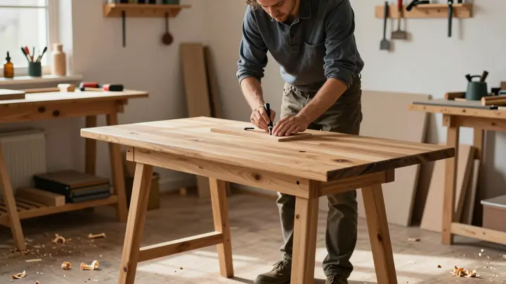 A cozy small woodworking workshop with a craftsman sanding a custom wooden table, warm natural light, wood shavings on t
