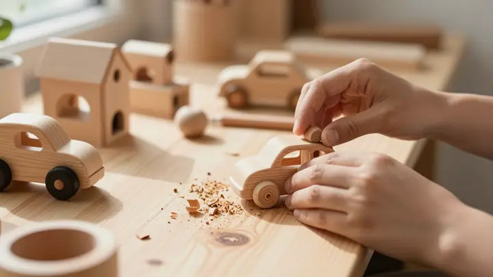 Cozy wooden toy workshop with handcrafted children toys, warm natural light, wood shavings, artisan hands sanding a wood