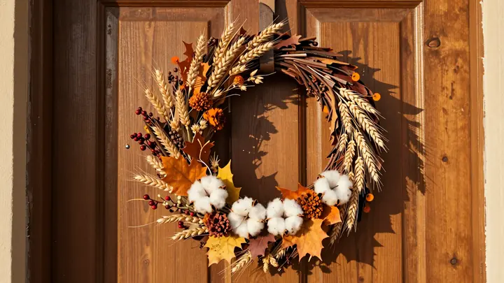 Cozy autumn wreath made of dried flowers, wheat, orange leaves and cotton on a rustic wooden door, warm golden light, ha