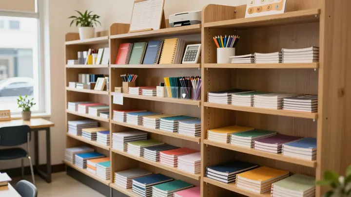 Cozy small stationery store interior near school with shelves of notebooks, pens and printer, warm lighting, inviting at