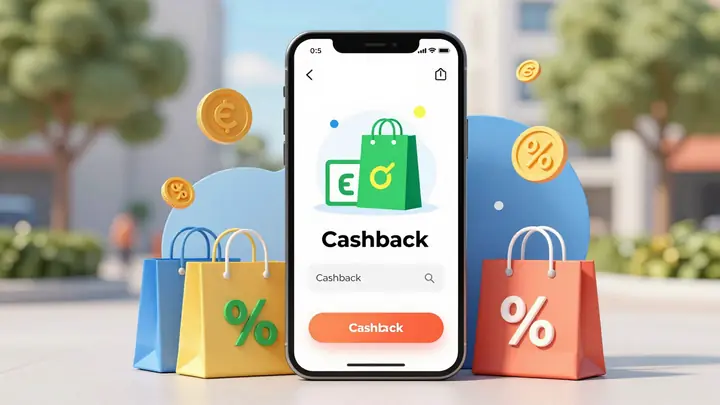 Modern flat illustration of a smartphone with cashback app interface, shopping bags and coins flying around, percentage 
