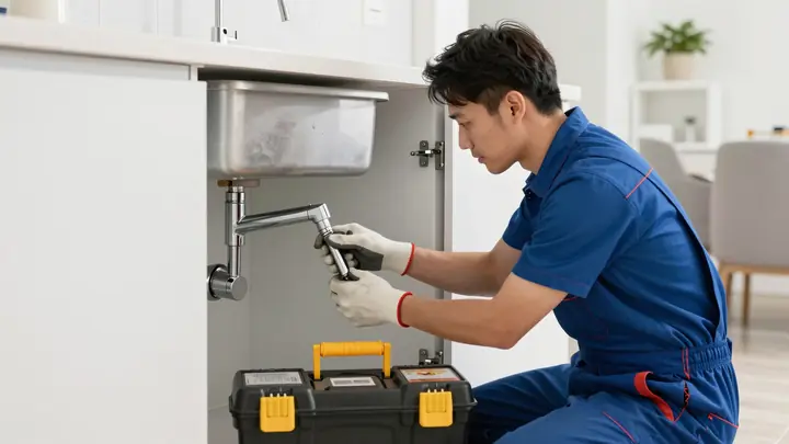 Professional handyman in work uniform with toolbox repairing a sink in a modern apartment, bright natural light, photore