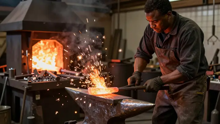 Professional photo of a blacksmith working in a forge, glowing hot metal on anvil, sparks flying, dark atmospheric works