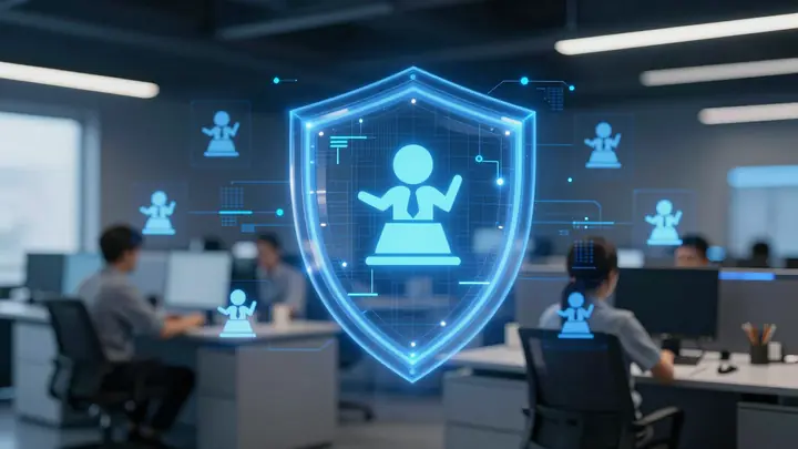 Modern cybersecurity operations center with glowing blue digital shield protecting small business icons, dark blue backg