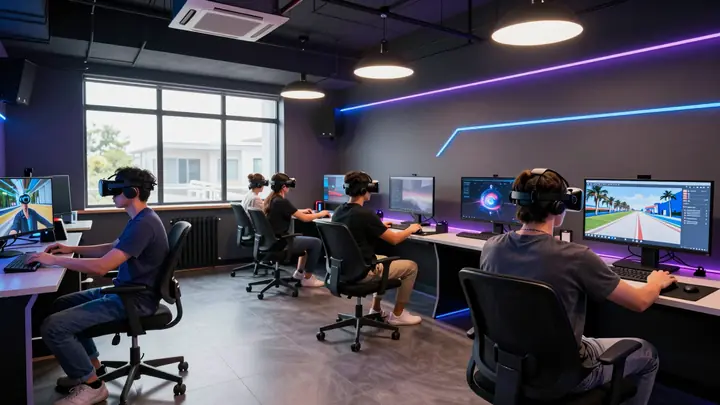 Modern virtual reality club interior with people wearing VR headsets playing games, neon lighting, futuristic atmosphere