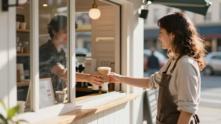 A small cozy coffee takeaway kiosk on a busy city street, barista handing a paper cup of cappuccino through the window, 
