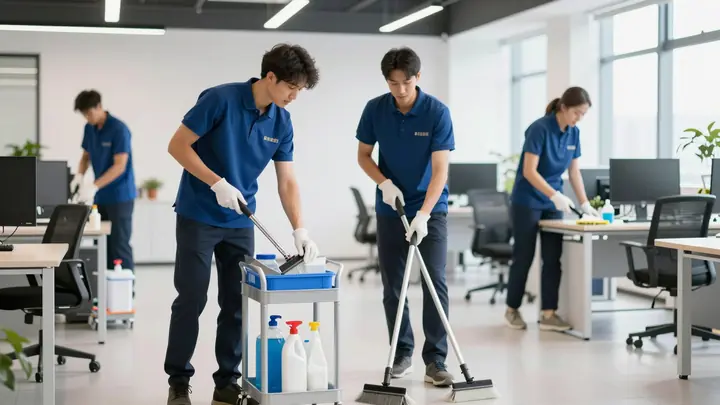 Professional cleaning team working in a modern office space, cleaning cart with supplies, bright daylight, realistic pho