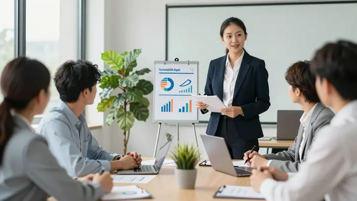 Professional climate consultant presenting sustainability report to business clients in modern office, charts and green 