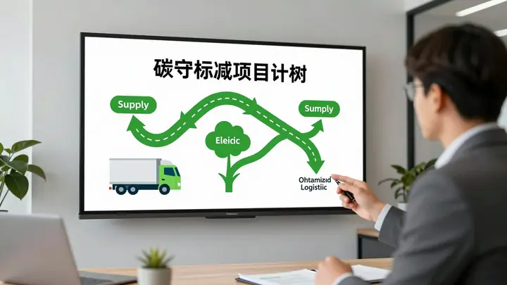 A modern logistics consultant presenting carbon footprint reduction plan on a screen, green supply chain infographic wit