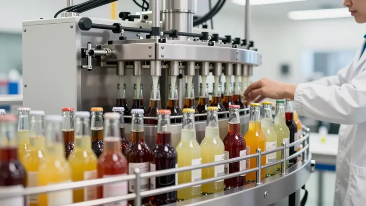 Small craft beverage production line with glass bottles being filled on a modern bottling machine, bright clean workshop