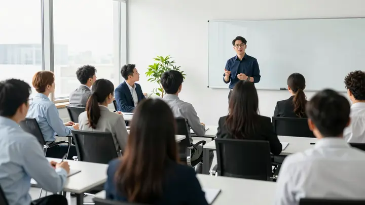 Professional corporate training session in modern office, diverse group of adults learning, instructor presenting, brigh