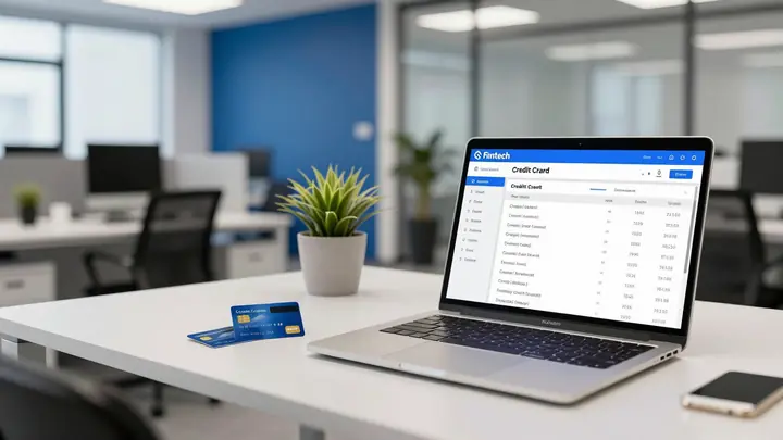 Modern fintech startup workspace with corporate credit cards, laptop showing expense management dashboard, clean profess