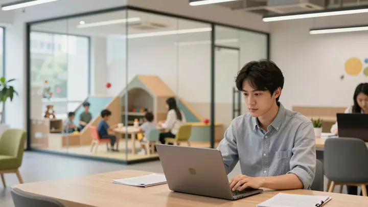 Bright modern coworking space with a glass-walled children's playroom in the background, a parent working on laptop in t