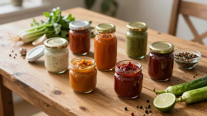 Rustic wooden table with glass jars of colorful craft sauces and jams, fresh vegetables and spices around, warm natural 