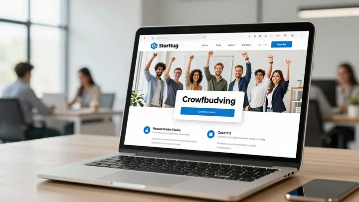Modern crowdfunding platform interface on laptop screen, startup team celebrating successful fundraising, bright office 
