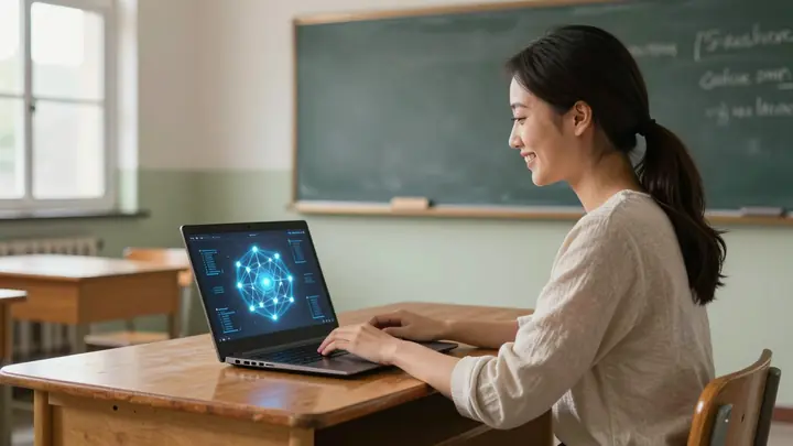 A rural school teacher at a wooden desk in a modest classroom, using a laptop with glowing neural network visualization 