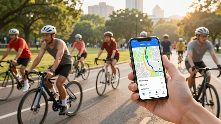 A vibrant photo of a group of runners and cyclists in a city park at sunrise, one athlete holding a smartphone showing a