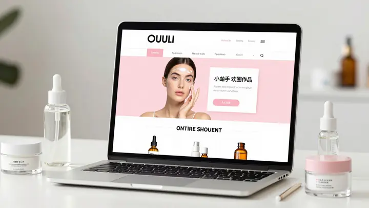 Modern online cosmetics store website on laptop screen, surrounded by skincare products, clean bright beauty e-commerce 