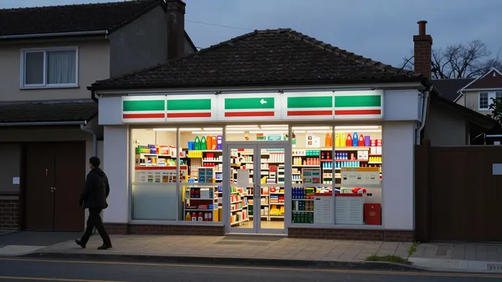 Cozy small convenience store on a quiet residential street at dusk, warm light from windows, a few pedestrians passing b