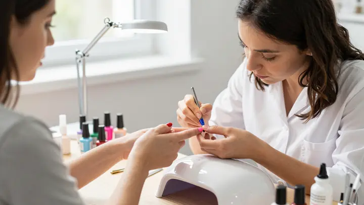 Cozy home nail salon setup with female nail master working on client's hands, gel polish bottles and nail lamp on table,
