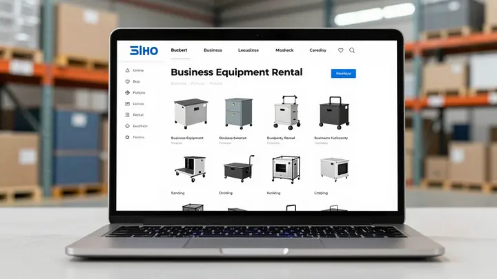 Modern online marketplace for business equipment rental, laptop showing platform interface with industrial equipment cat