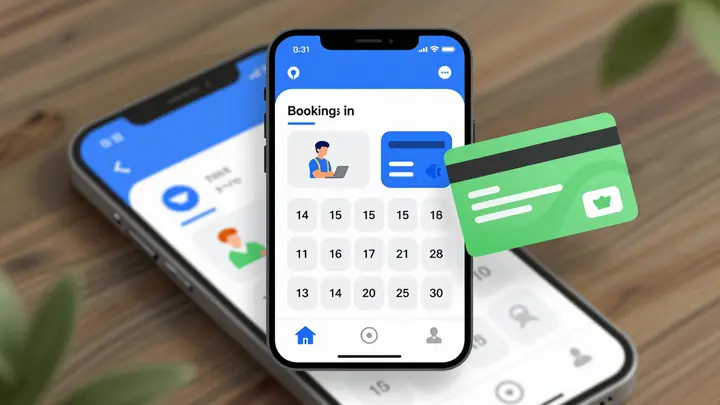 Clean modern flat illustration of a mobile app interface for booking local services, calendar with time slots, online pa
