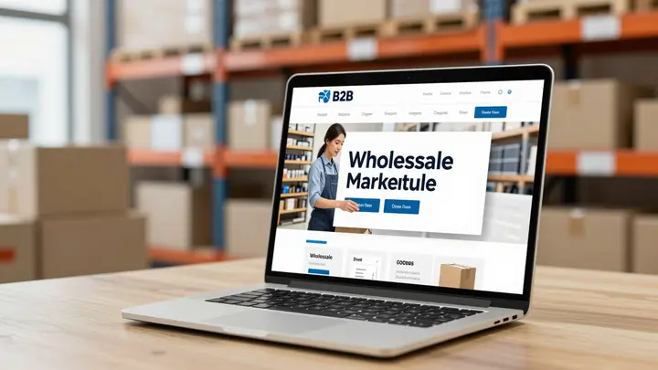 Modern B2B wholesale marketplace platform on laptop screen, small retail store owner placing wholesale order online, war
