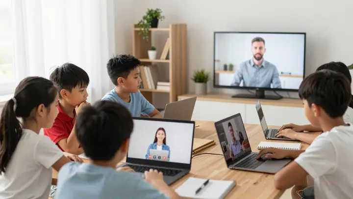 Bright photo of a diverse group of children engaged in a lively online video class on laptops, teacher on screen, modern