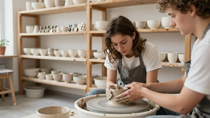 Cozy pottery workshop interior with handmade ceramic tableware and jewelry on wooden shelves, warm natural light, artist