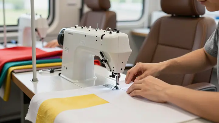 Professional photo of a sewing workshop with industrial sewing machine and colorful fabrics for camper van seat covers, 