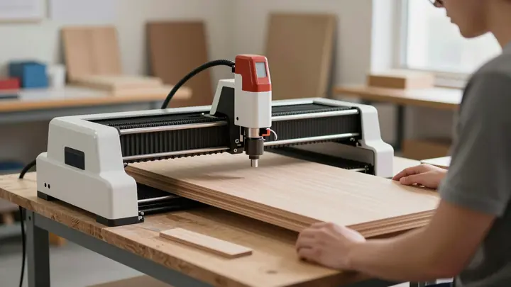 A small workshop with a CNC laser cutting machine, one person operating the machine, wooden plywood products on the tabl