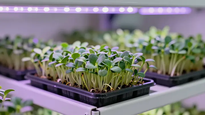 Close-up photo of fresh microgreens growing on shelves under purple LED lights in a basement farm, green sprouts in tray