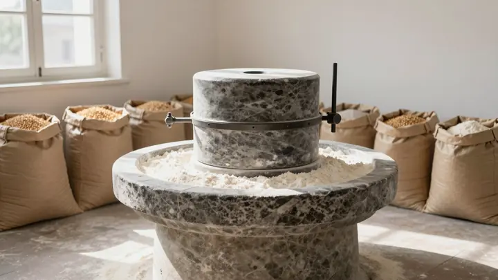 Small artisan flour mill interior with stone grinding mill, sacks of wheat grain and fresh flour, warm natural light, cl