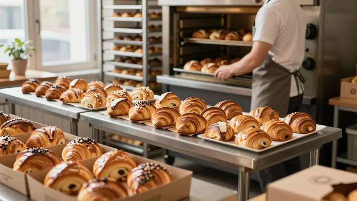 A cozy small bakery kitchen with fresh pastries on steel tables, a baker in apron loading bread into a professional oven