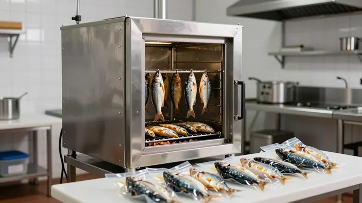 Small artisan fish smoking workshop with stainless steel smoking chamber, fresh smoked fish on racks, vacuum packed prod