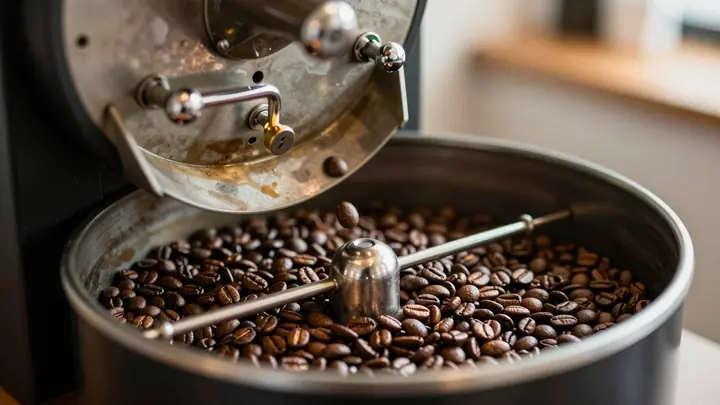 Close-up of a small coffee roasting machine with fresh roasted coffee beans falling into the cooling tray, warm ambient 