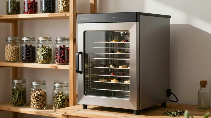Cozy small food drying workshop with industrial dehydrator, wooden shelves with glass jars of dried berries and herbs, w