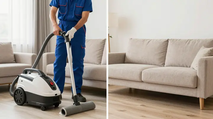 Professional technician cleaning a beige fabric sofa with a carpet extractor machine in a modern living room, before and