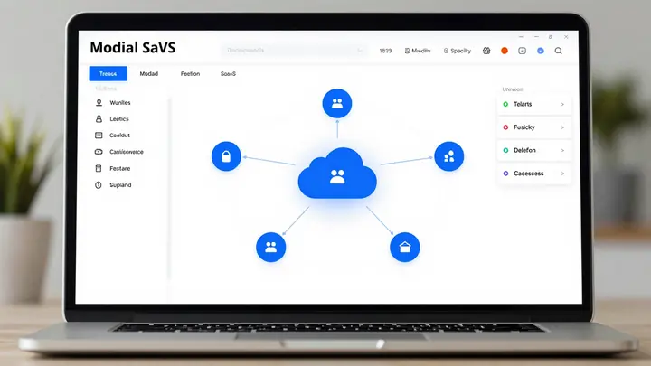 Modern modular SaaS dashboard interface on a laptop screen, clean blue and white UI, cloud icons connecting different in