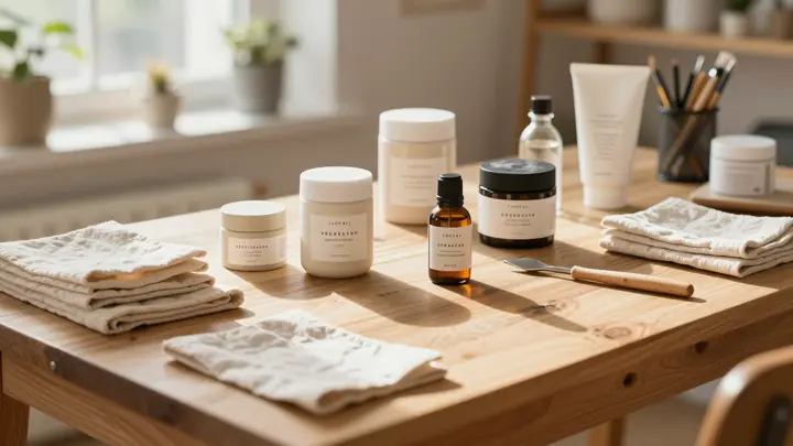 Cozy artisan workshop with handmade crafts on wooden table, warm natural light, local brand products, craft tools and ma