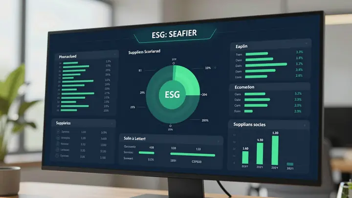 Modern digital dashboard with ESG sustainability metrics and supplier scorecards, green data visualizations, corporate t