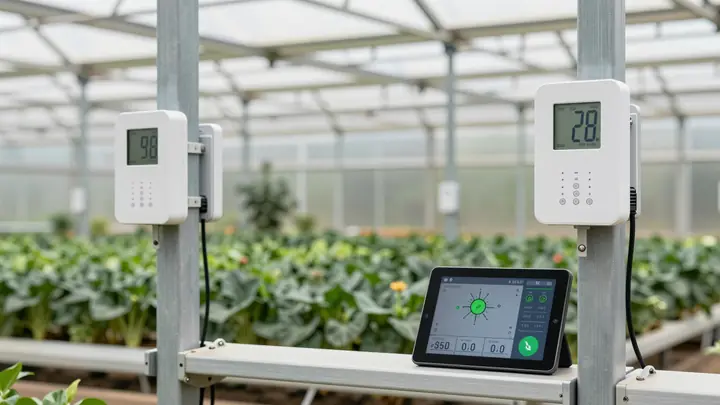 Modern greenhouse interior with wireless temperature and humidity sensors mounted on posts, digital dashboard on tablet 