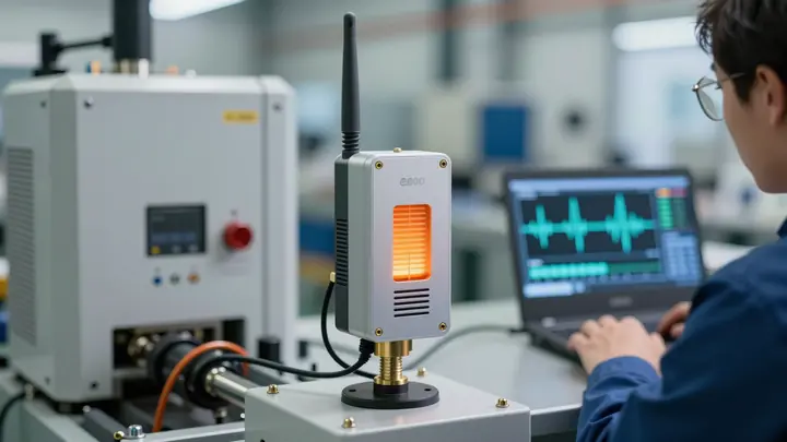 Close-up photo of a wireless vibration sensor mounted on industrial machinery in a factory, technician in background wit
