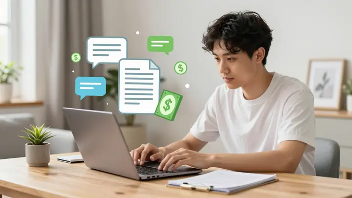 A bright modern flat illustration of a young freelancer writing texts on a laptop at a cozy home desk, with floating doc