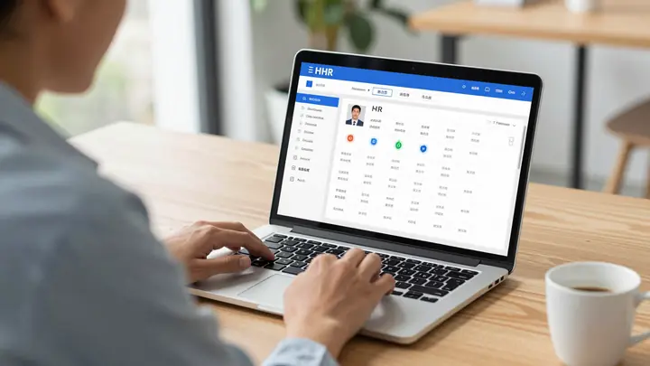 Professional photo of a consultant setting up HR software on a laptop in a small modern office, screen showing HR dashbo